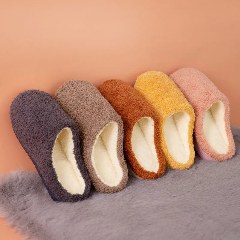 Women’s furry slippers with suede upper and non-slip sole in candy colours for winter home wear