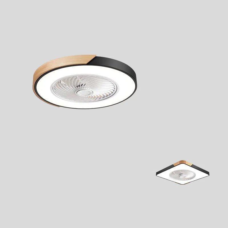 Nordic-style ceiling fan light with solid wood blades, shown in rectangular, round, and square shape options.