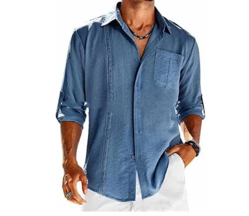 A man's solid-colour long sleeve casual shirt with a polo collar, button front, and chest pocket.