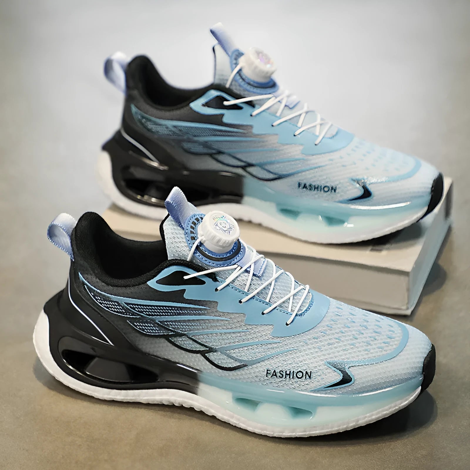 Youth rotating button sneaker with mesh upper and rubber MD TPU sole in light blue colour