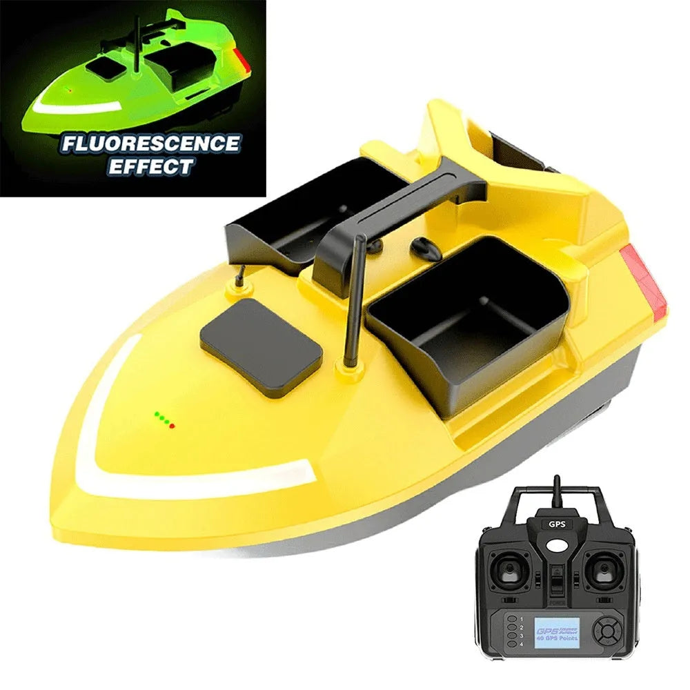 GPS remote control fishing boat in luminous yellow with remote control unit and carrying bag