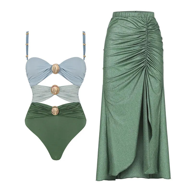 Yellow and green women's high waist two-piece bikini swimsuit with a separate skirt laid flat.