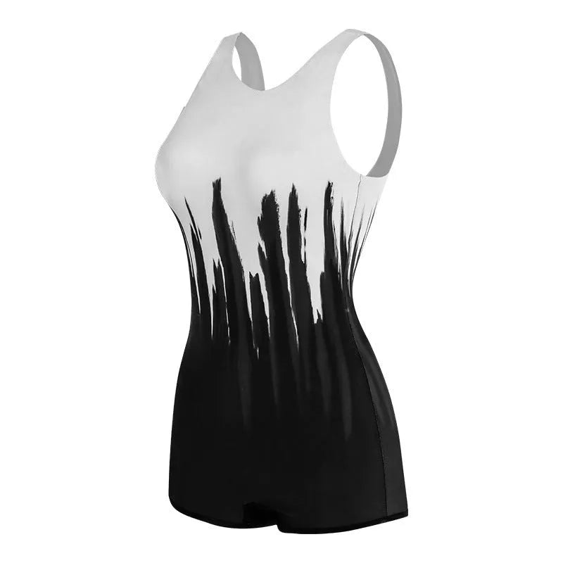 Black conservative sports one-piece swimsuit with printed pattern, shown flat