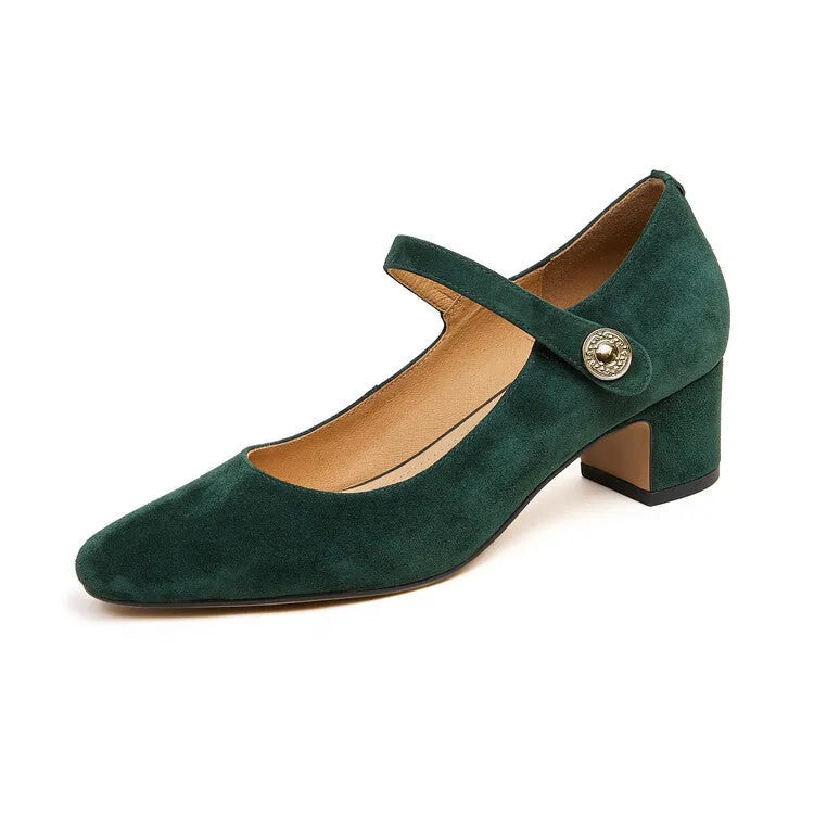 Mary Jane season chunky heel pumps women's shallow mouth square toe suede black green