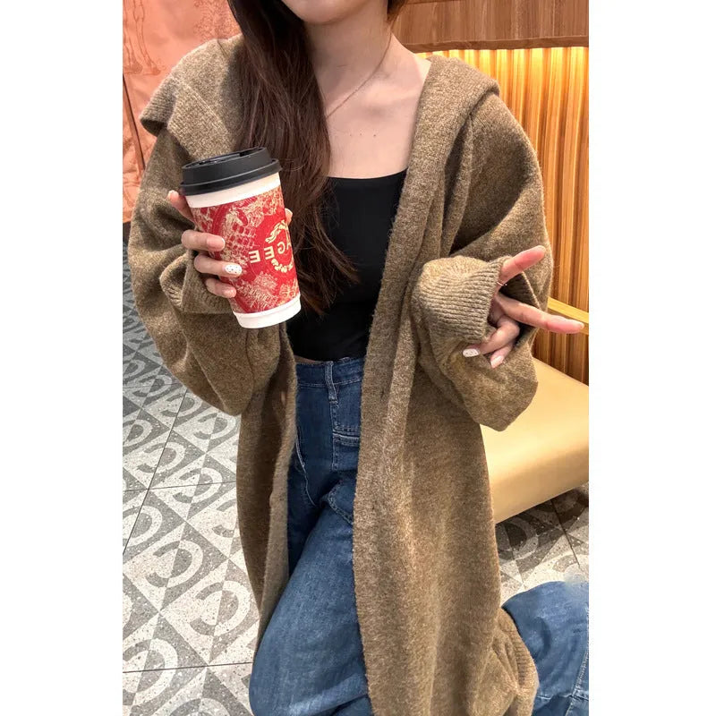 Long grey hooded knitted cardigan for women in loose Korean-style fit.