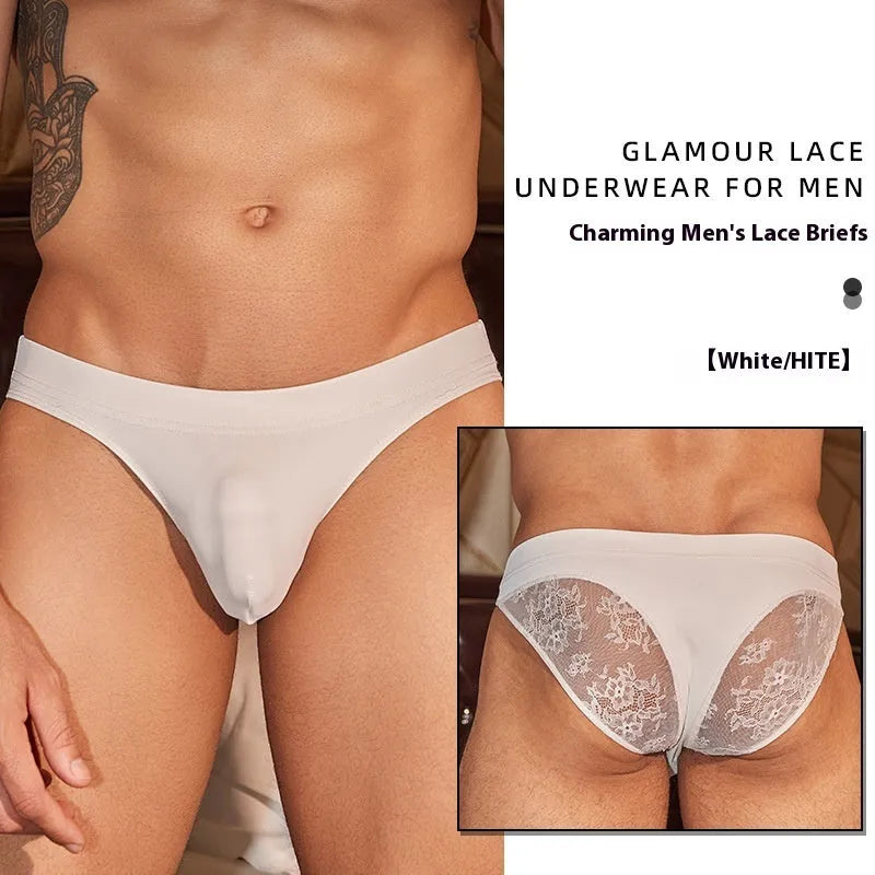 Black and white men's hip-cut briefs made from shark skin lace polyester fabric.