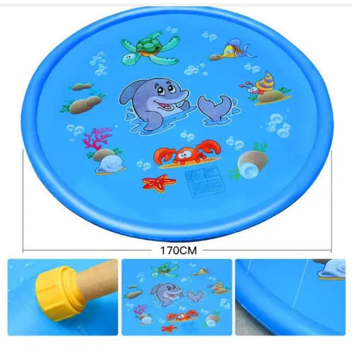 Children's water spray play mat with marine animal designs for outdoor garden use