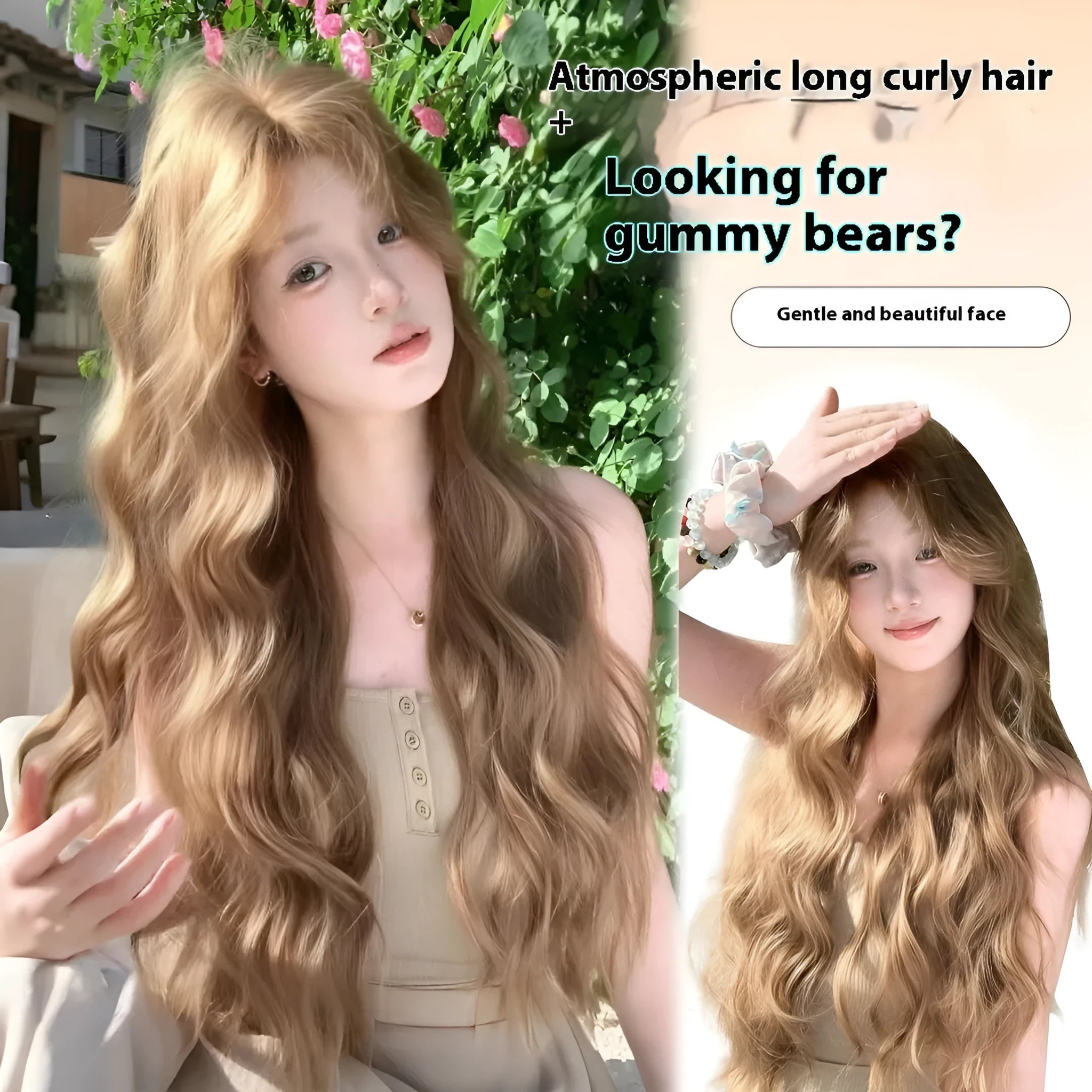 Brown synthetic curly wig of medium length with an attached hair net.