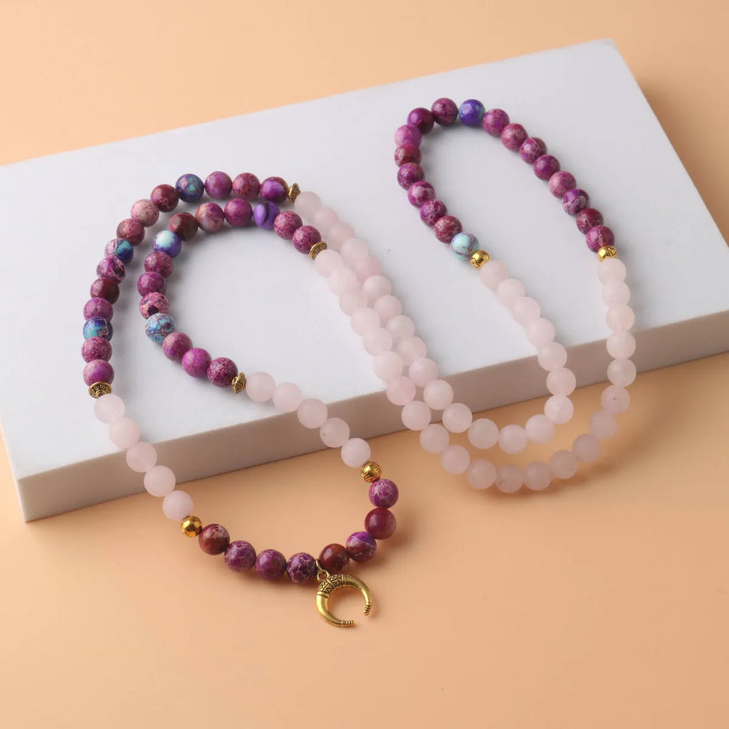 Personalised beads pendant necklace made from emperor stone with pink crystal colour.