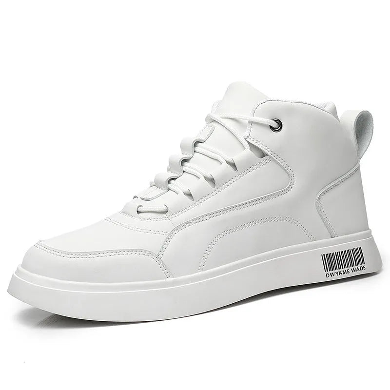 Men's white mid-top board shoes with round toe and flat rubber sole on grey background