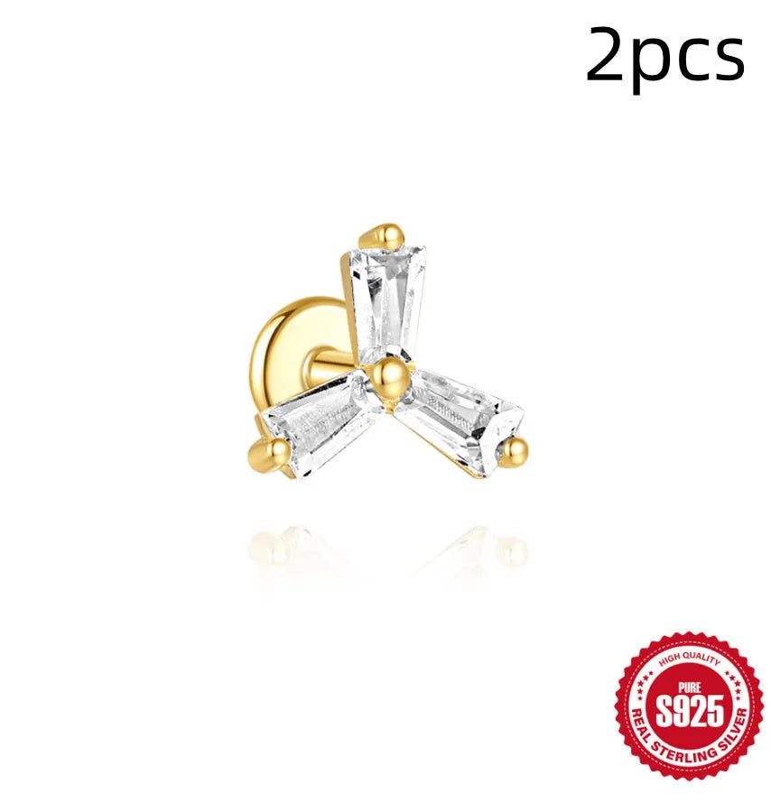 S925 sterling silver geometric earrings with inlaid zircon stones in golden colour variations