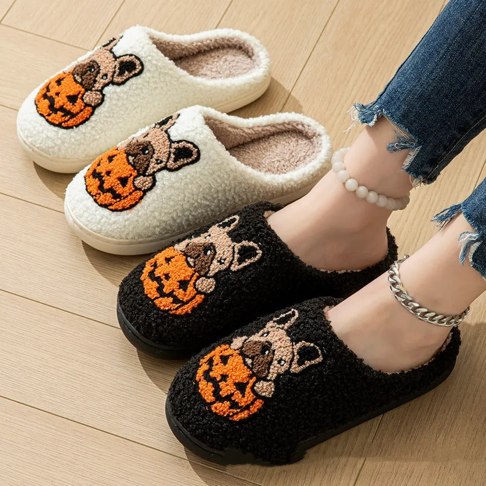 Halloween pumpkin design plush slippers with TPR rubber sole in black and white colours