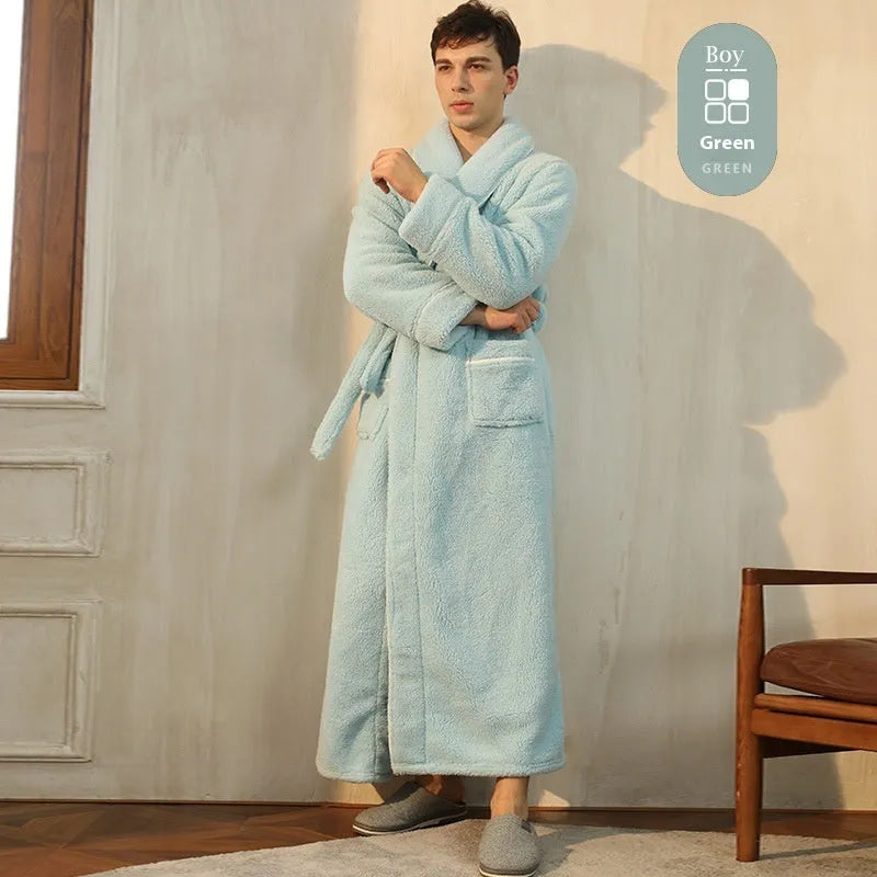 A man and woman wearing matching thickened flannel couple's bathrobes in a winter colour.
