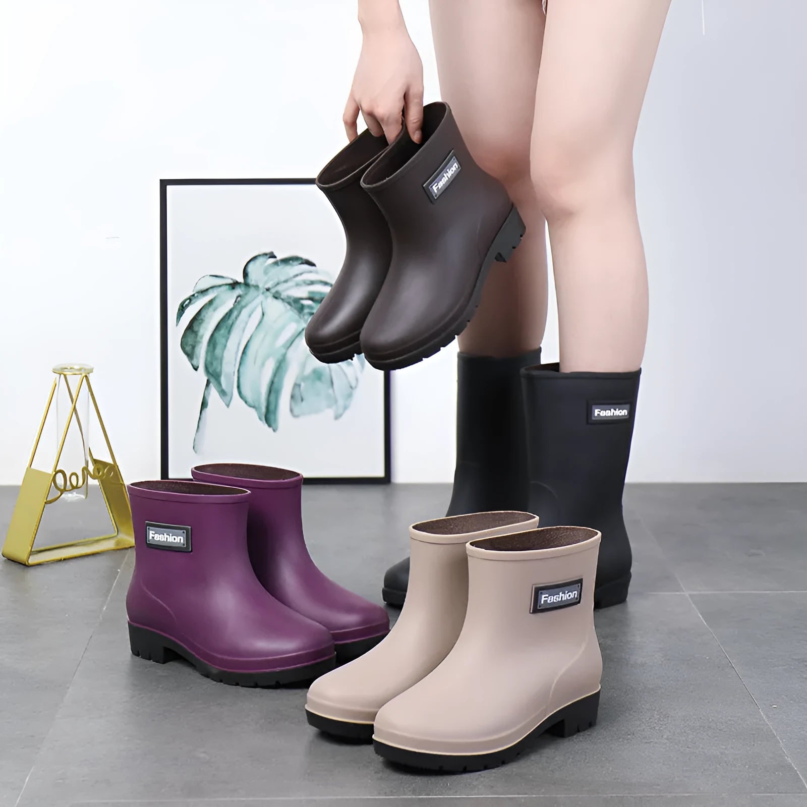Women's PVC mid-calf rain boots in four colours, shown with optional warm linings.