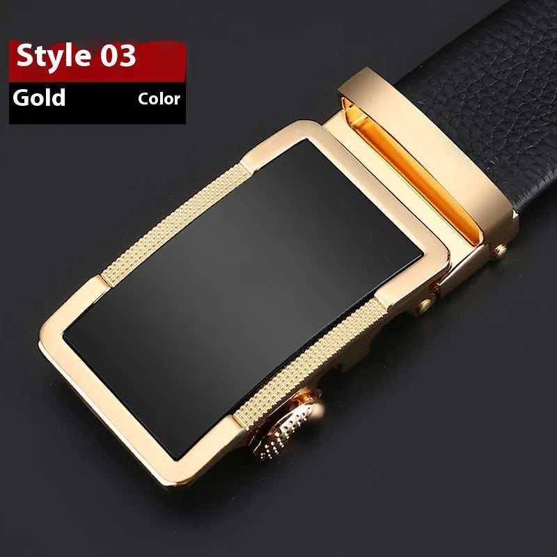 Men's leather automatic click belt in gold, silver, and gun black finishes showing buckle detail