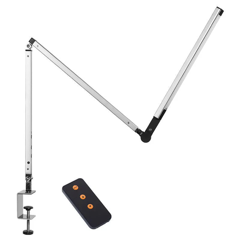 Aluminium clip-on folding desk lamp with remote control, shown in dazzling black finish.