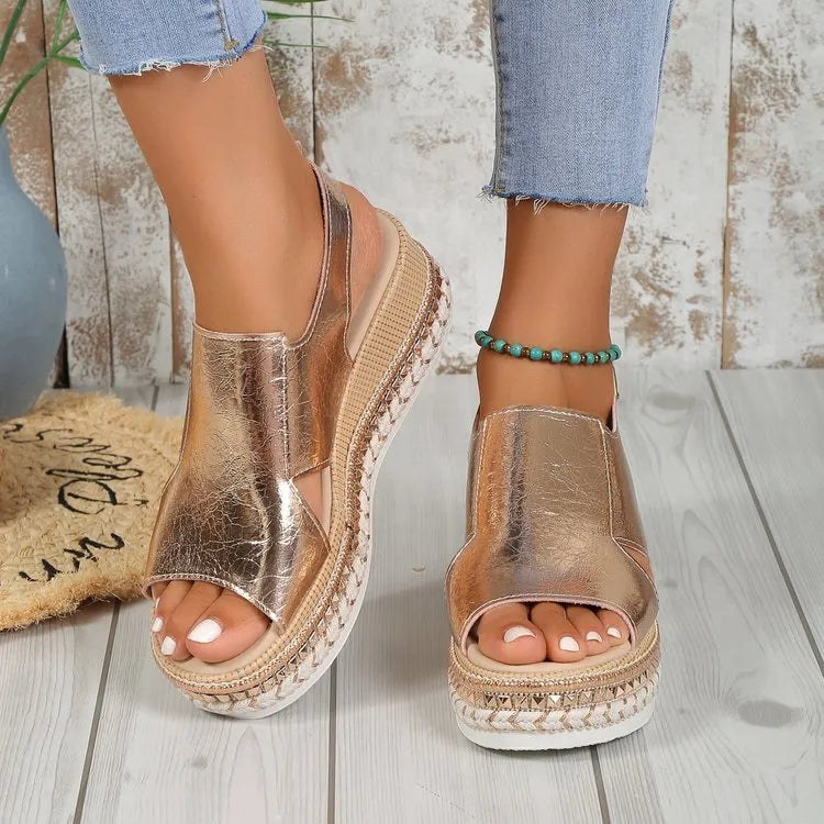 Women's Summer Shiny Sandals with Hollow Design Fish Mouth Toe and Fashion Buckle Wedges Heel in Gold or Silver Available in Sizes 36 to 43