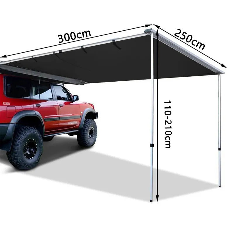 Camouflage car sunshade tent with aluminium poles set up outdoors, showing two-room interior.