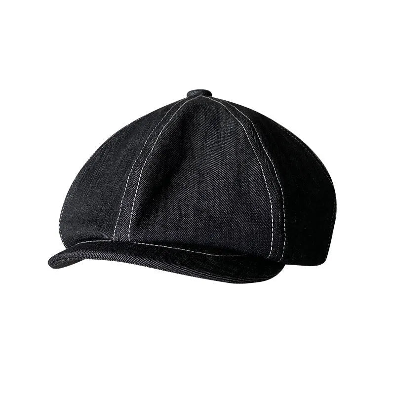 Black Japanese Denim fabric cotton beret shown in retro fashion style with three size options for men and women