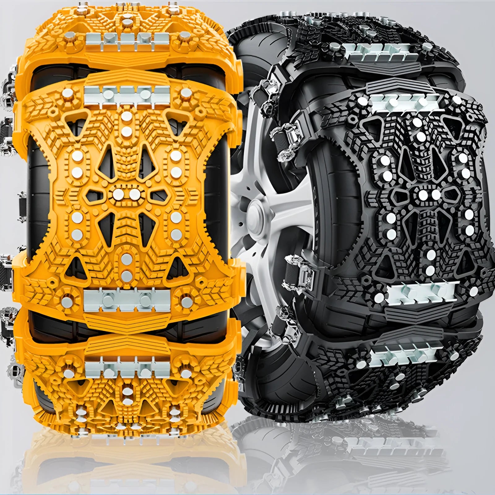 Universal plastic tyre chains with steel plate gear design for car and SUV winter driving