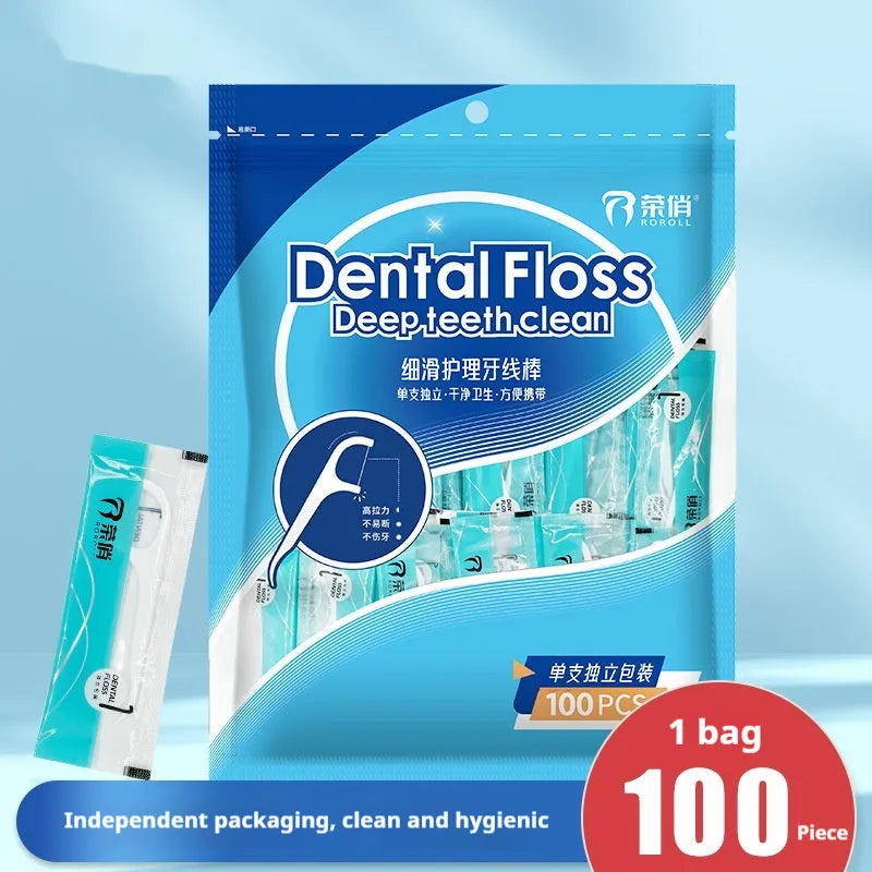 Dental floss with individual packaging showing 100 piece and 108 piece options in plastic material