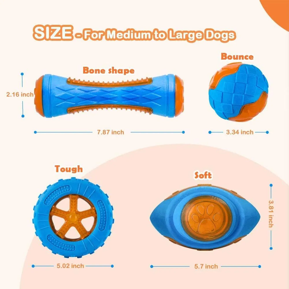 Set of three TPR dog toys: a blue squeaky ball, an orange barbell, and red tyres on grass.