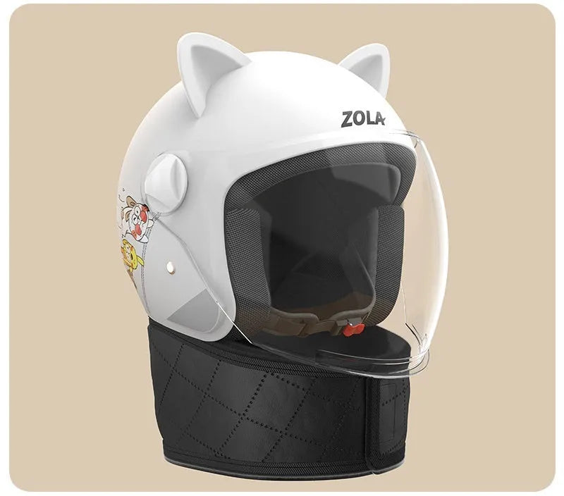 Blue electric bike helmet with attached winter scarf and a clear anti-fog visor