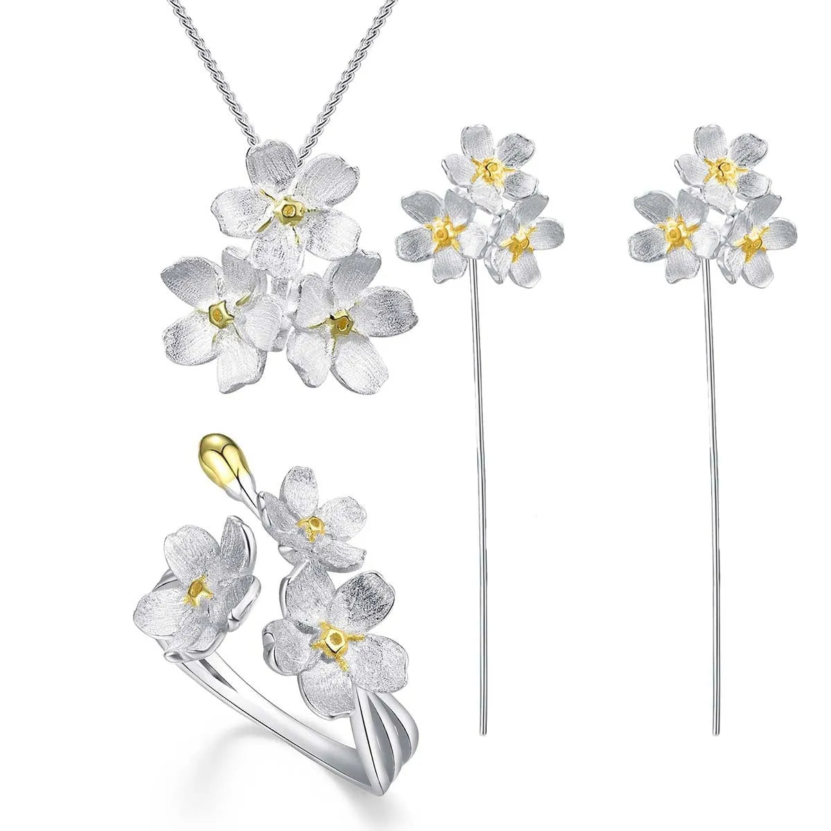 Myosotis Sylvatica sterling silver floral pendant with pastoral design in gold or silver electroplated finishes
