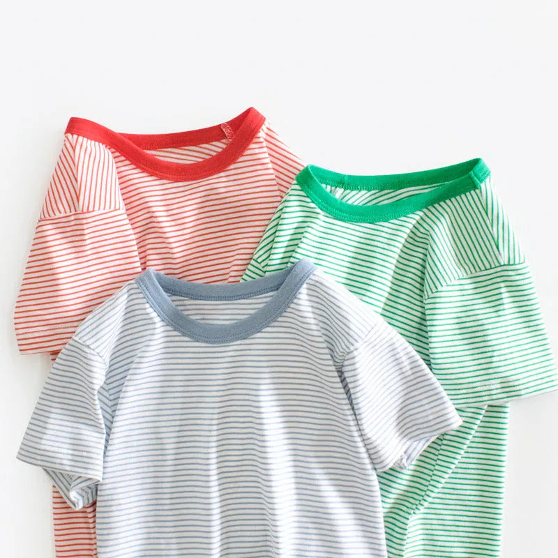 Striped baby boys summer short sleeve cotton bodysuit in rust red and white