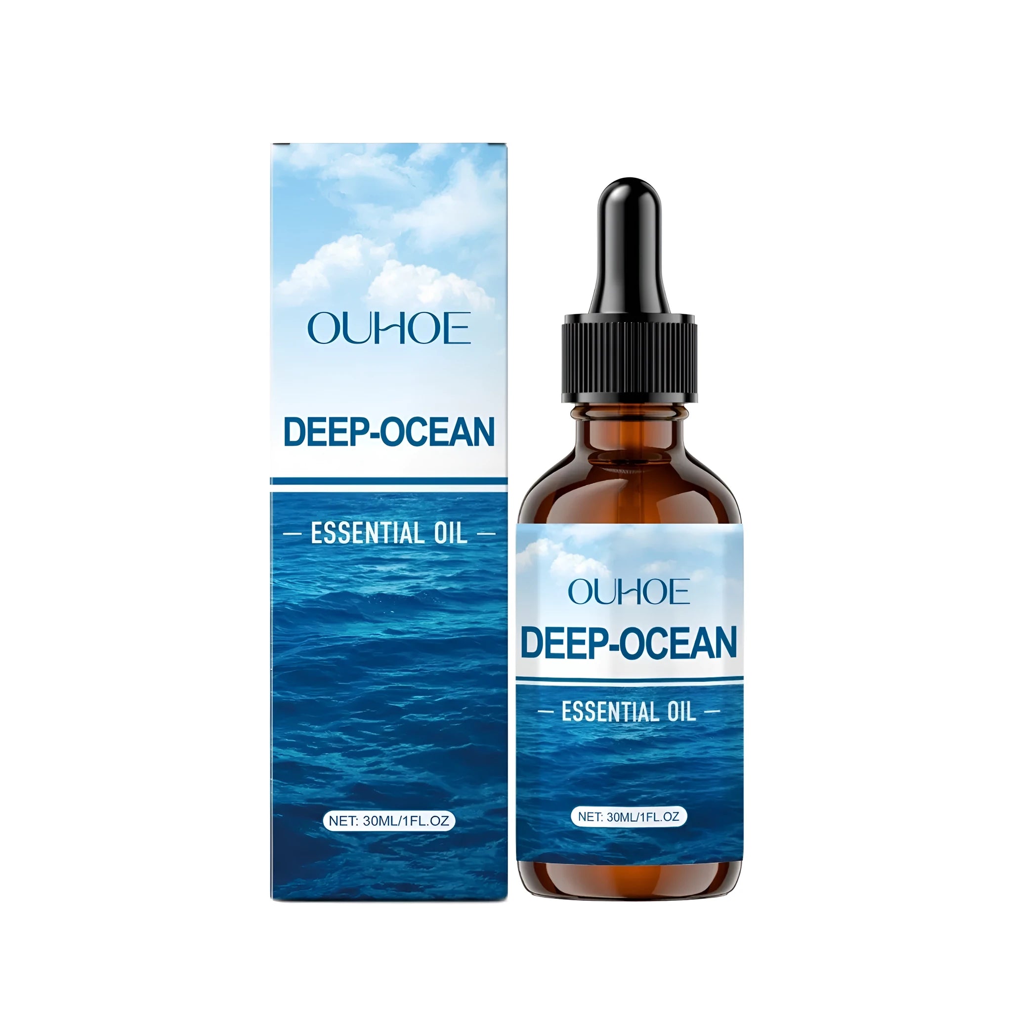 30ml glass bottle of Deep-Ocean Essential Oil with a grape seed oil base.
