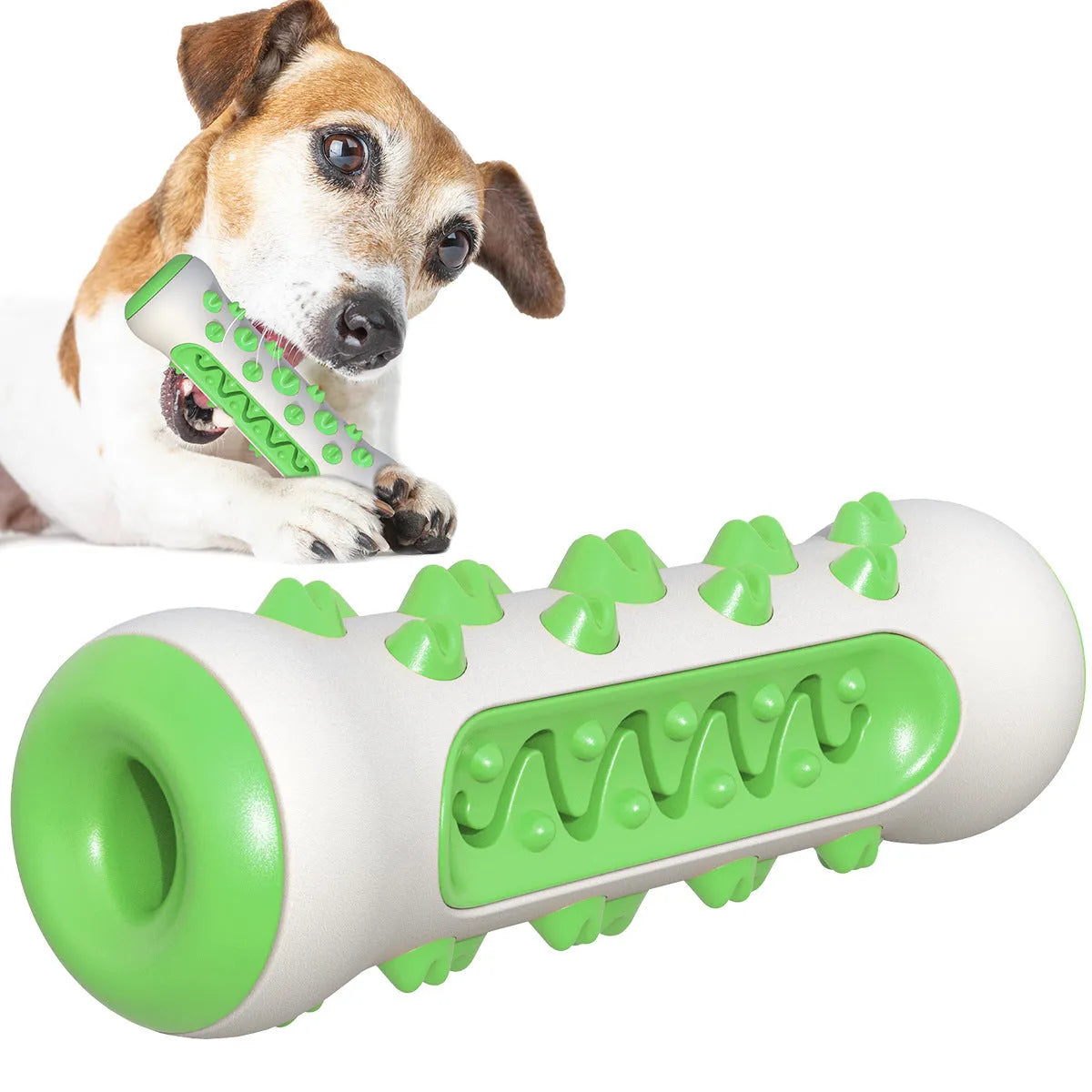Natural rubber dog dental chew toy with textured cleaning surfaces, 15cm long, in blue colour