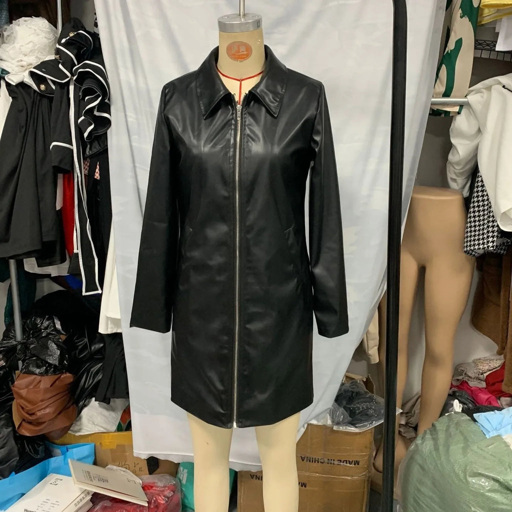 Black polyester leather jacket for women, medium length 65cm with long sleeves.