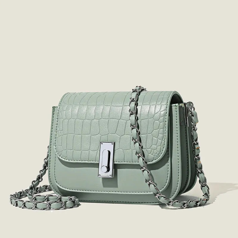 Soft PU women's chain shoulder bag with square shape, sandwich pocket design and mobile phone compartment