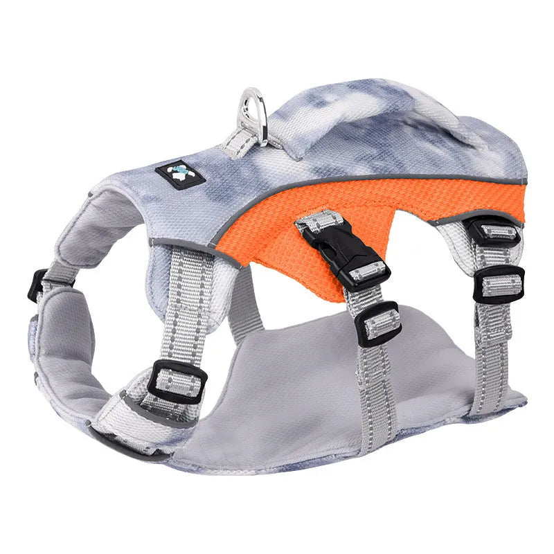 Light blue reflective dog cooling chest strap adjustable harness on a size chart.