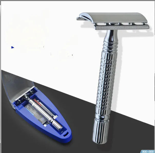Double-edged safety razor kit with chrome finish, weighted handle, blades, and storage box