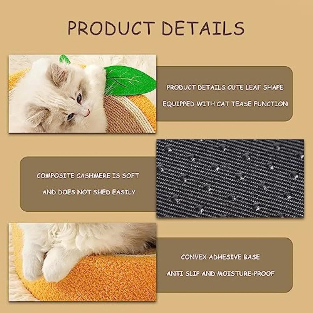 Yellow fruit design round cat scratching board with sisal surface and sleeping area