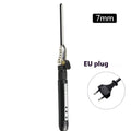 Black 7mm small hair curler with rotatable clip on a flat surface