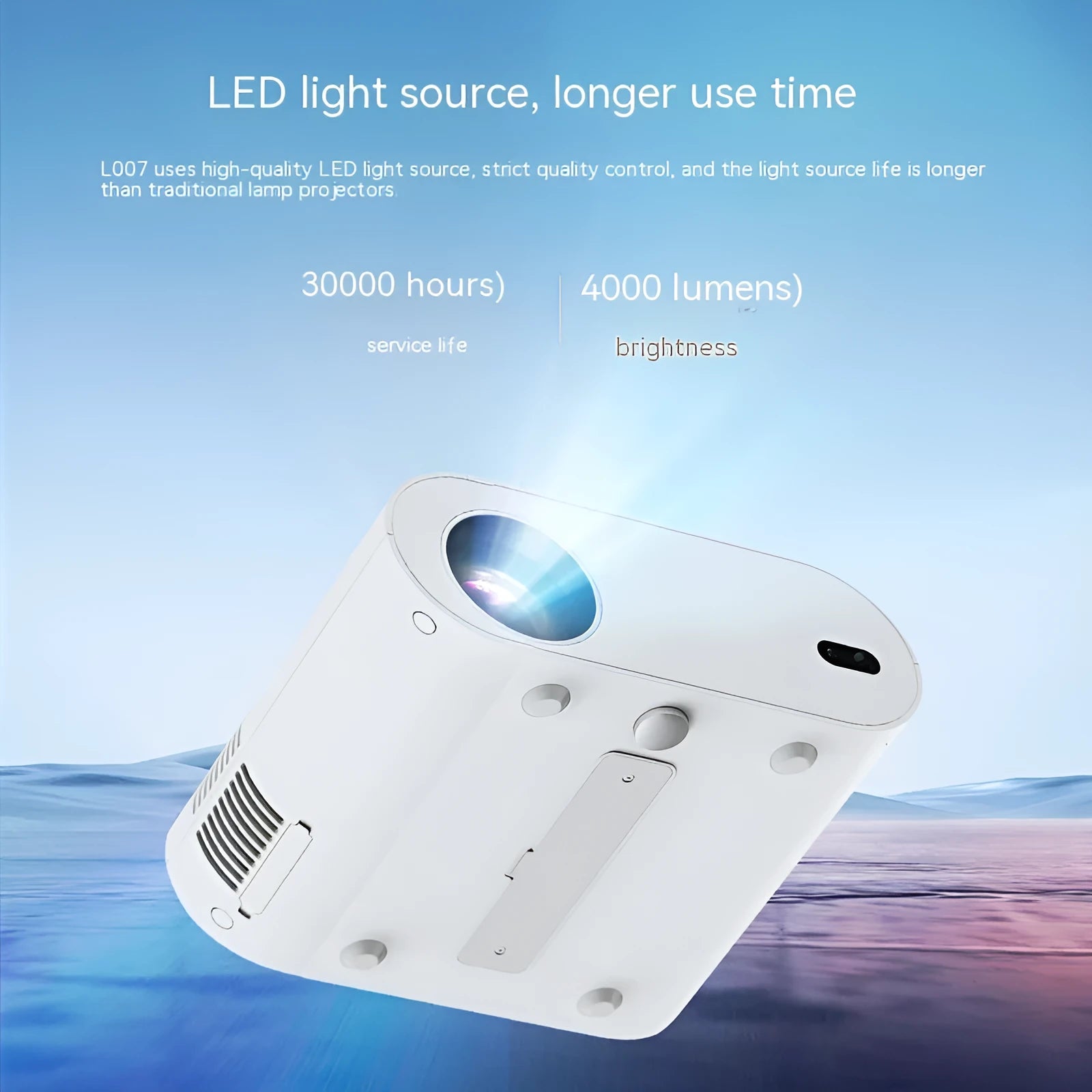 White T07 Full HD 1080p smart projector with remote control on a table