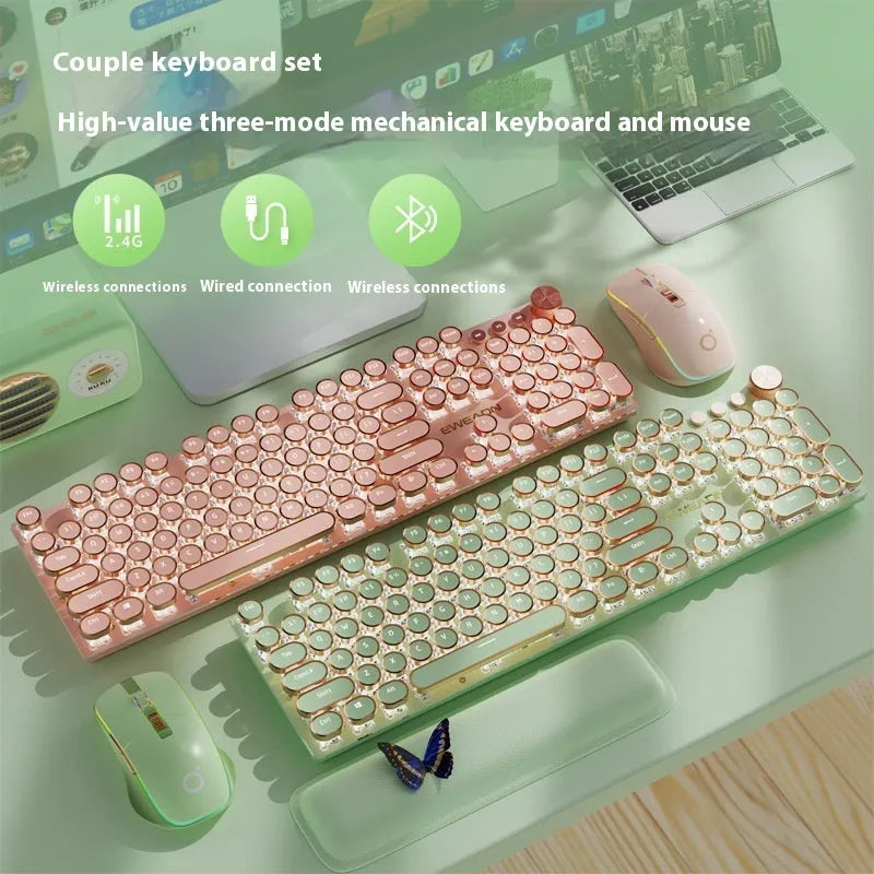 Matcha green mechanical gaming keyboard with white backlighting, aluminium panel, and multifunction knob on desk