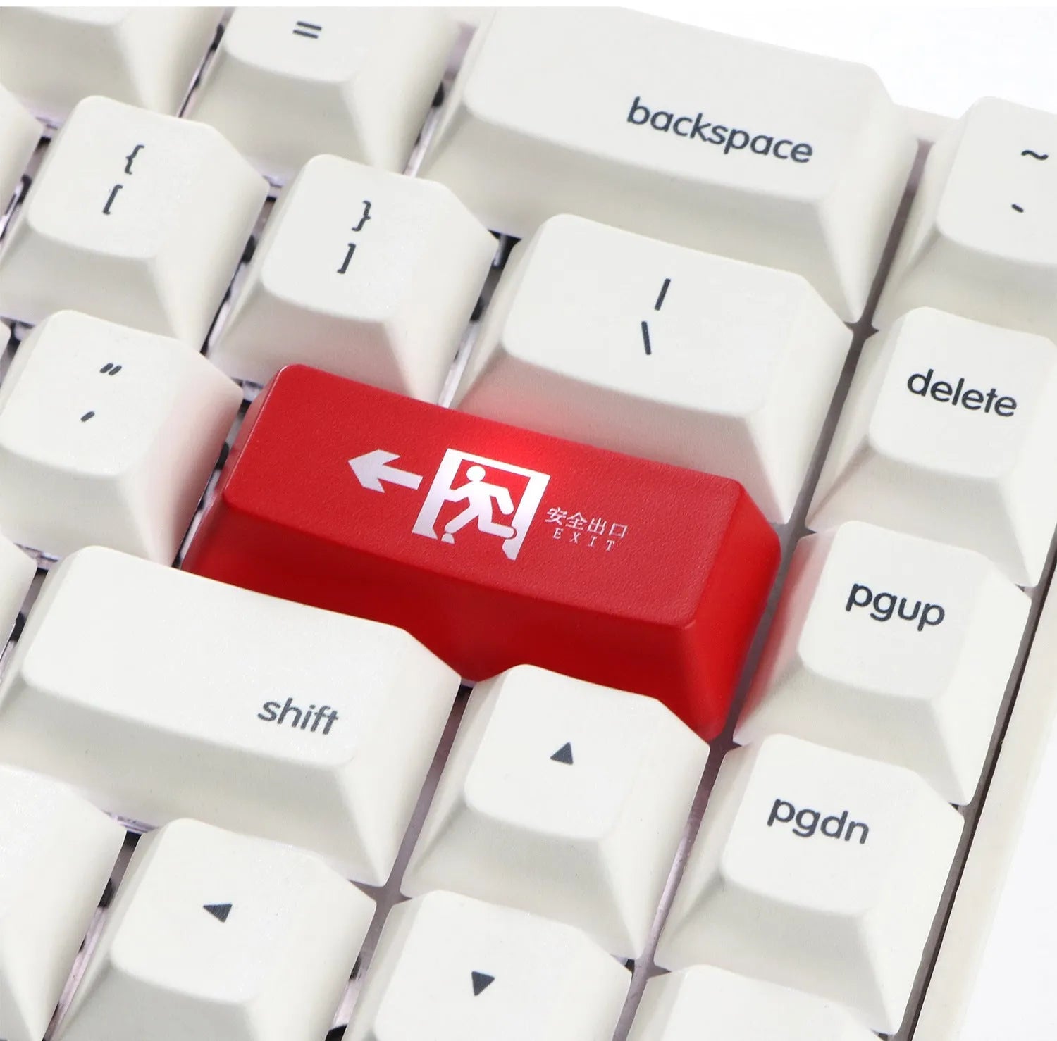 Safety evacuation exit key cap for mechanical keyboards in red and black colour options