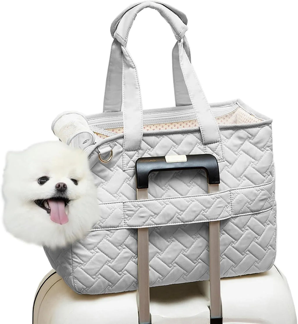 Grey pet carrier handbag with mesh panels and multiple pockets for small dog or cat transport