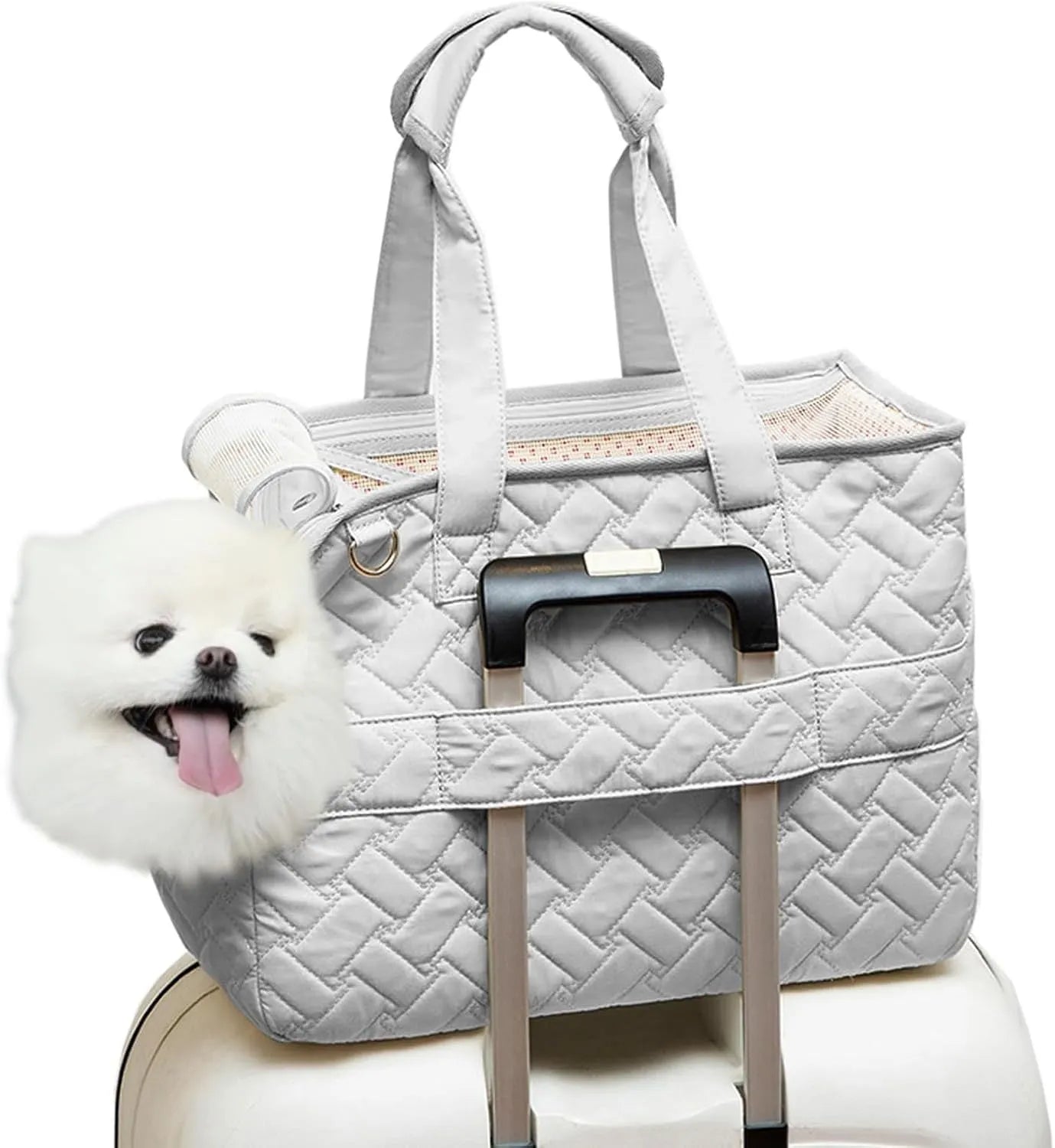 Grey pet carrier handbag with mesh panels and multiple pockets for small dog or cat transport