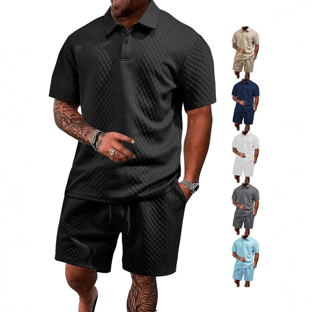 Men's patterned cloth casual suit with short sleeve polo top and matching trousers in multiple colour options