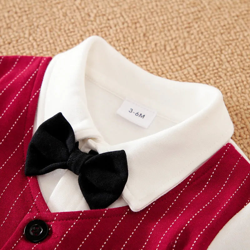 Wine red cotton baby boy romper one-piece suit with long sleeves in gentleman style.
