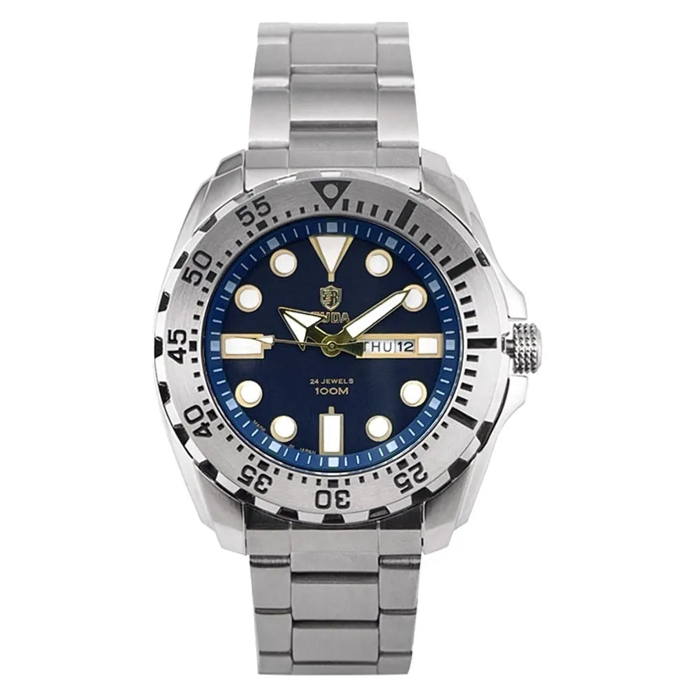 Men's waterproof luminous quartz watch with blue case and steel strap showing sporty 15mm design
