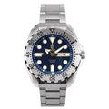 Men's waterproof luminous quartz watch with blue case and steel strap showing sporty 15mm design