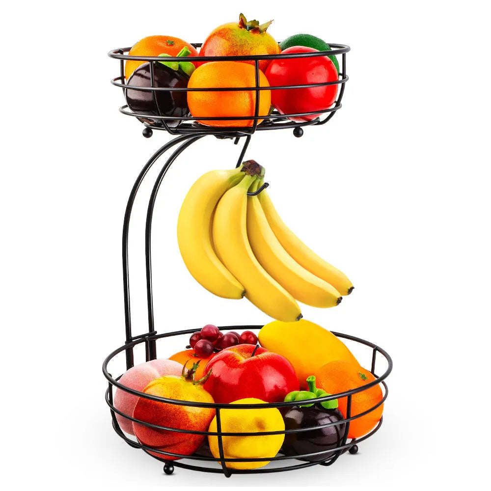 Black and gold double-layer wrought iron fruit basket for kitchen storage