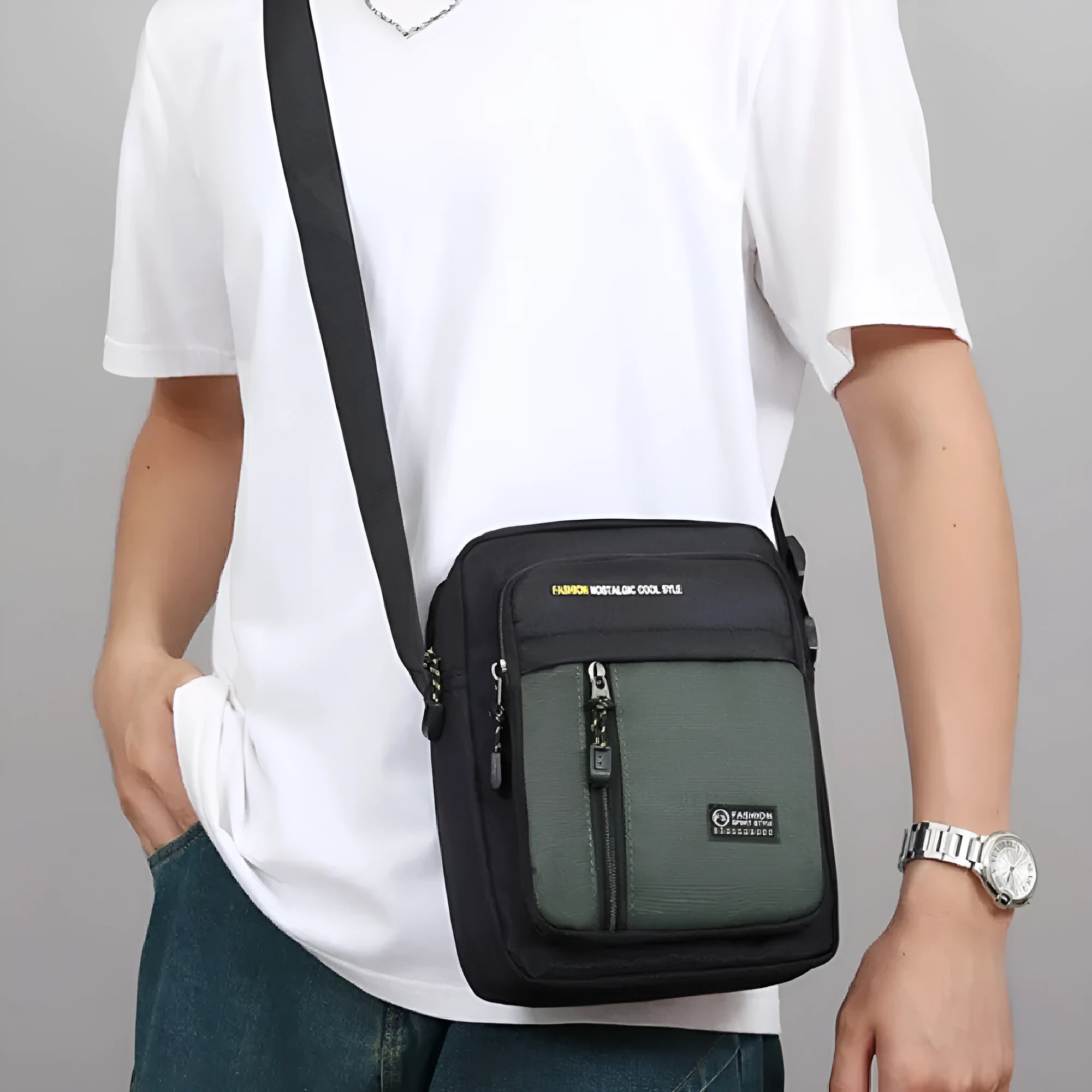 Men's nylon crossbody messenger bag with sewing thread details in green colour