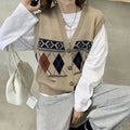 Diamond plaid pattern sleeveless cardigan top in loose fit free size