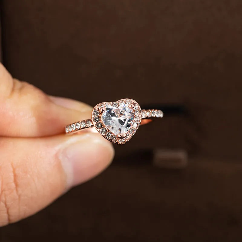 Heart-shaped crystal women's wedding ring with rose gold or silvery electroplated finish